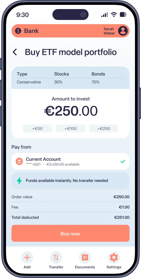 Mobile screen showing ETF portfolio purchase with €250 investment, payment from current account with €2,450 available.
