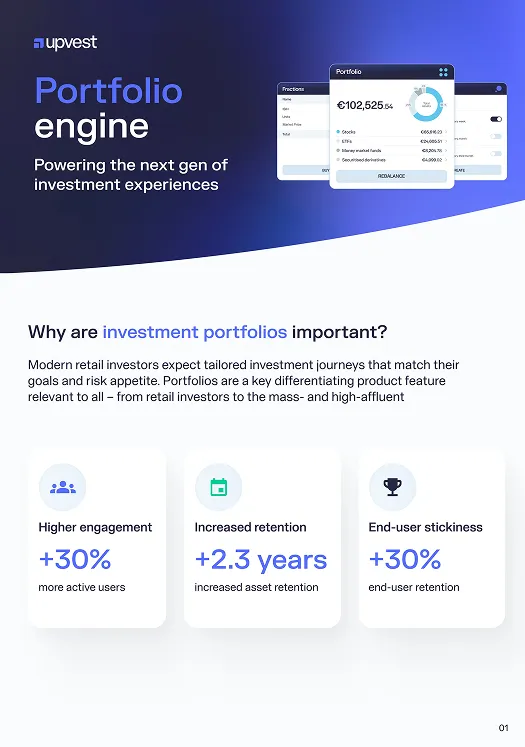 Upvest Portfolio engine interface showing investment portfolio value and a pie chart, with text explaining the importance of investment portfolios for tailored investment journeys. Benefits include 30% higher engagement, 2.3 years increased retention, and 30% end-user stickiness.