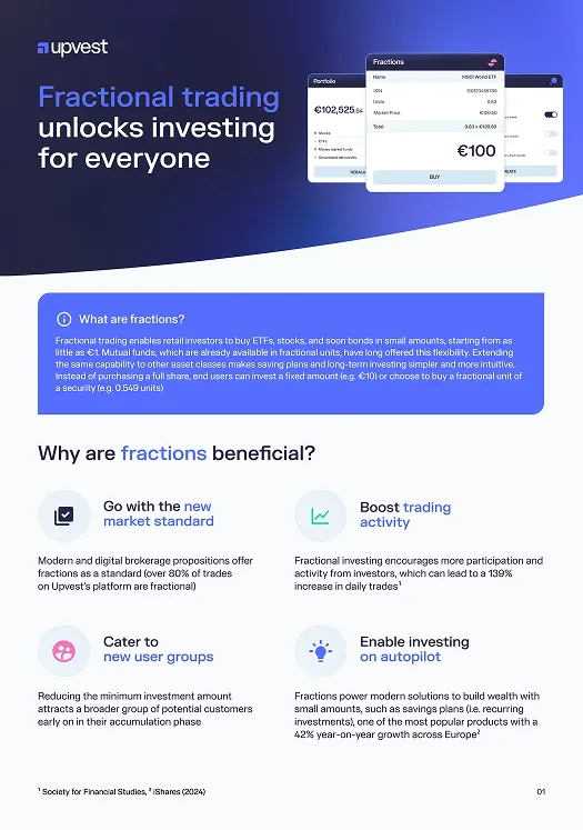 Upvest infographic explaining fractional trading benefits, highlighting lower minimum investments, new market standards, boosted trading activity, catering to new user groups, and enabling auto-pilot investing, with example interface showing fractions of shares.
