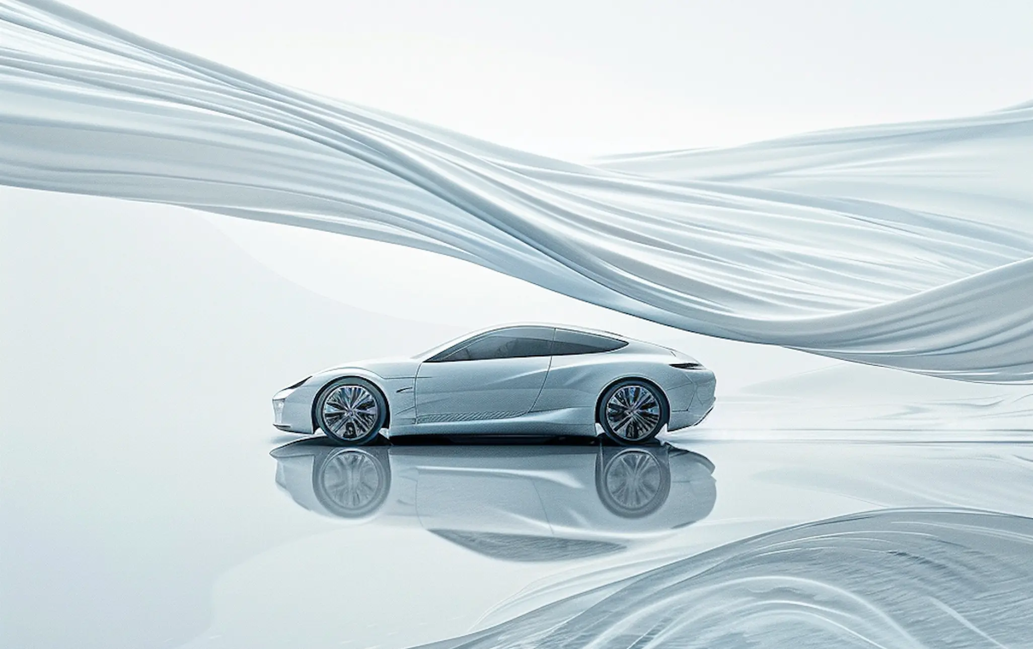 Sleek silver sports car on a reflective surface with flowing fabric-like structures above and below.