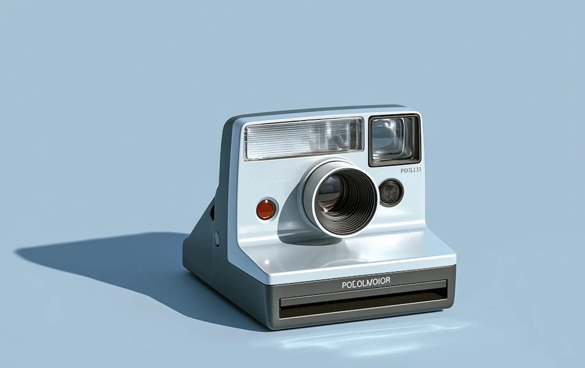 Vintage instant camera with a lens, flash, and viewfinder casting a shadow on a blue surface.