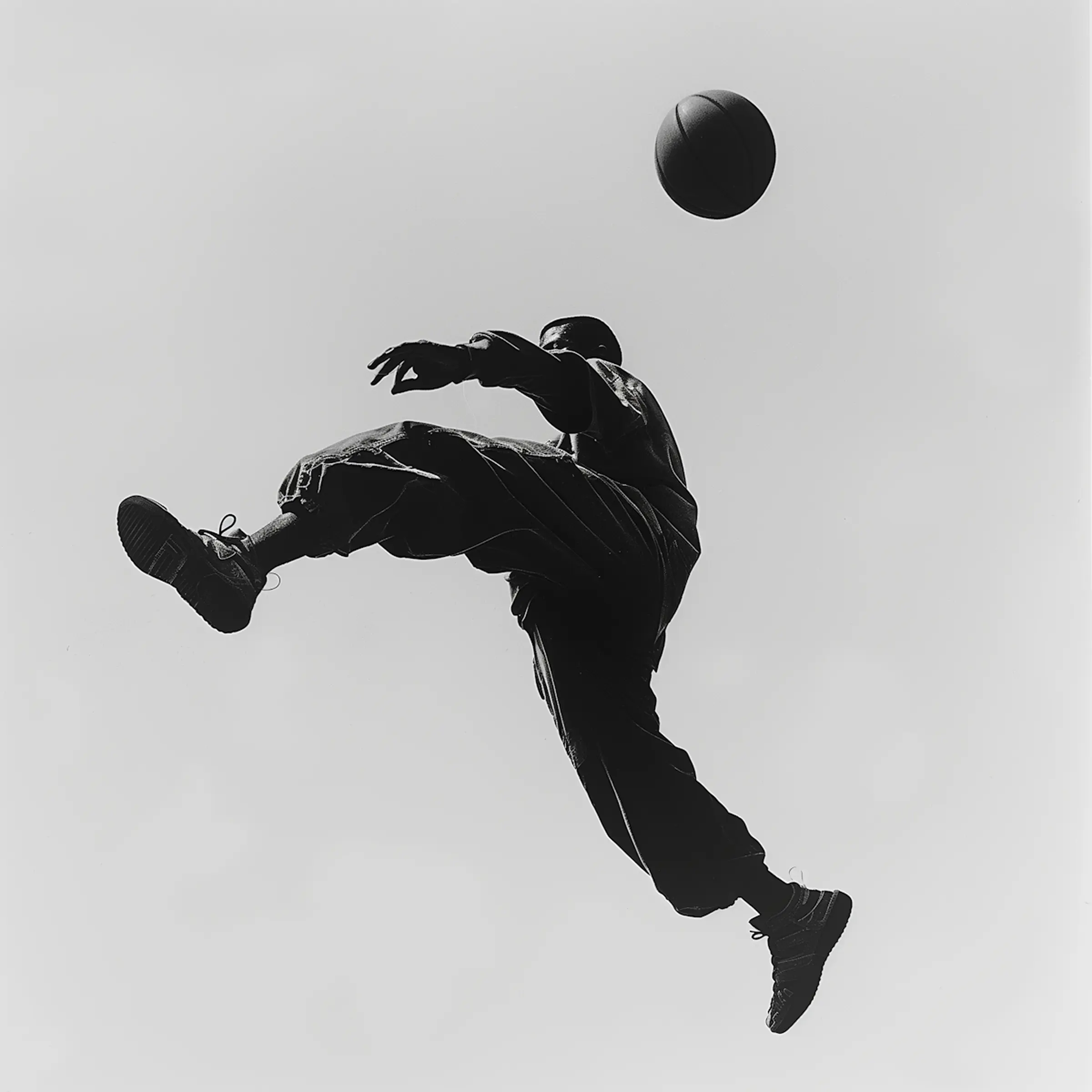 Silhouette of a person jumping with one leg extended toward a basketball in midair against a clear sky.