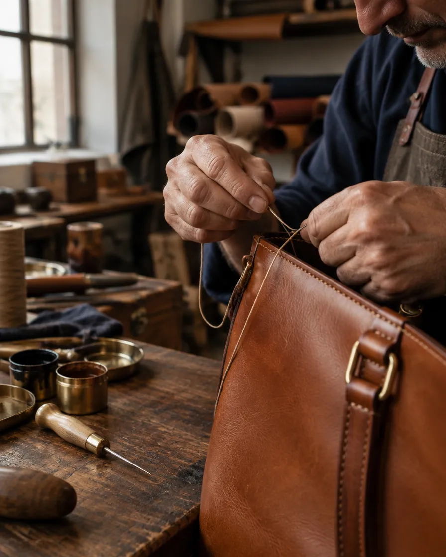 Artisan's hands stitching a leather bag in a European atelier