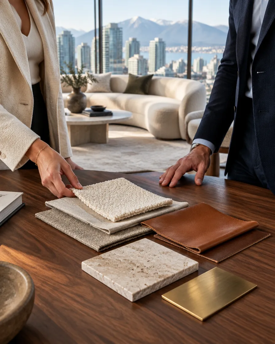 Showroom table with fabric, leather and stone samples for a premium collection