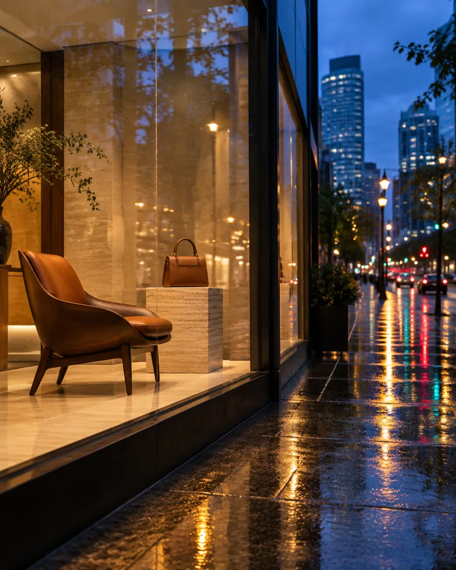 Boutique window at dusk with a lounge chair and a leather handbag
