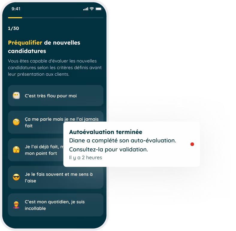 View of a mobile phone's screen showing Jobsong's app for employees. The interface shows an excerpts of a completed auto-assessment. 