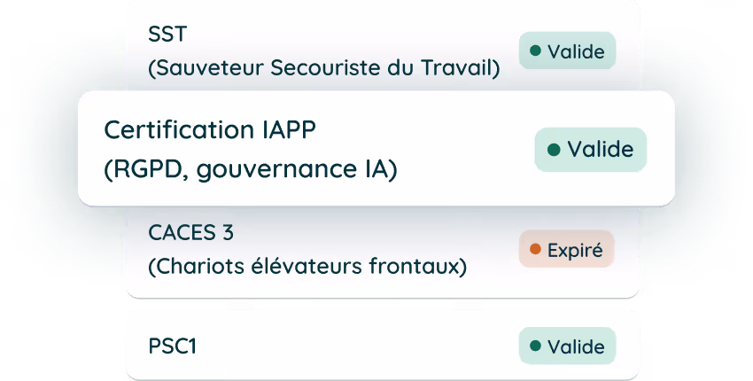 Excerpt from the Jobsong app - list of a profile's certifications with status: valid or expired 