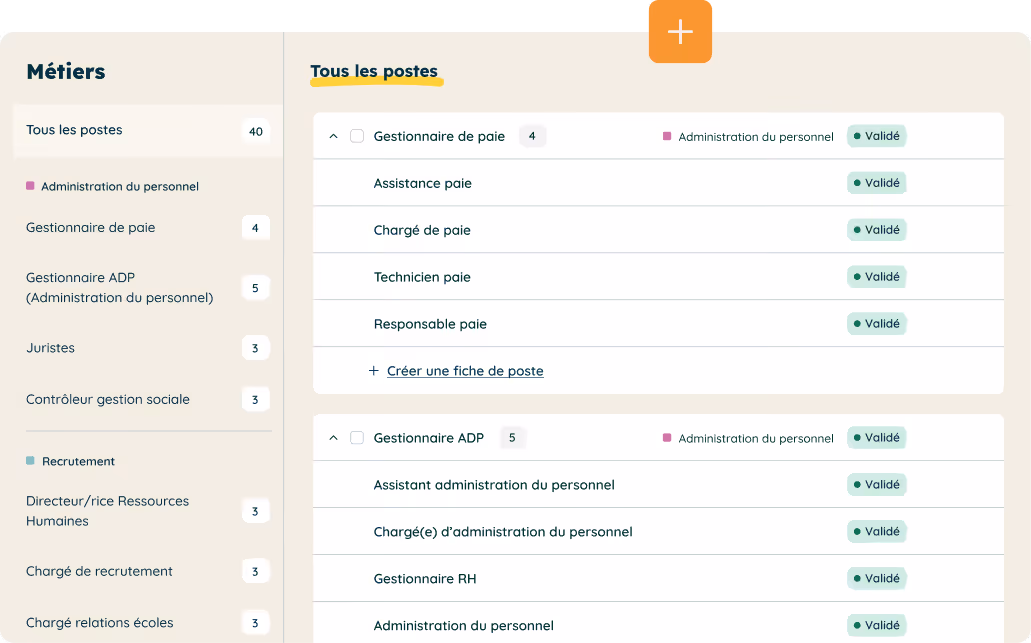 Screenshot from the Jobsong app showing the jobs framework of a company : a list of jobs, their corresponding job family and the validated status of the job descriptions