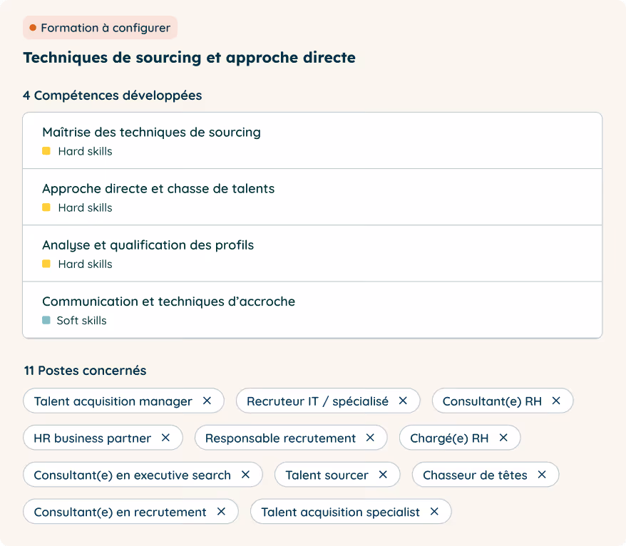 Screenshot of the Jobsong app showing the configuration process for a training program : skills developed and associated jobs within the company