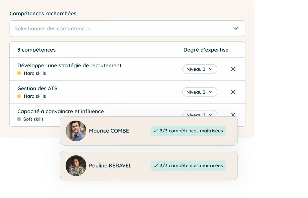 Excerpt from the Jobsong app depicting the search for a talent within the company based on a list of skills and highlighting 2 profiles with the necessary skills