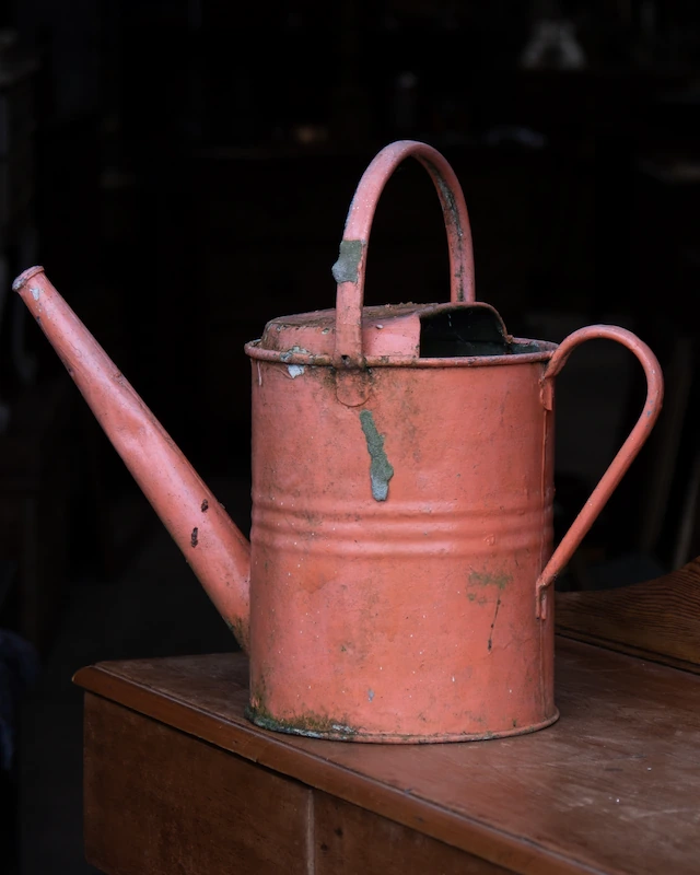 Rusty pink metal watering can with a long spout and top handle sitting on a wooden surface.