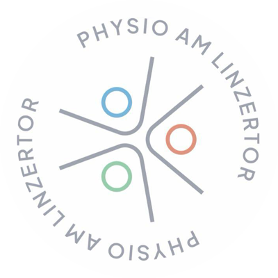 Circular logo with text Physio am Linzertor and three abstract human figures in blue, red, and green.