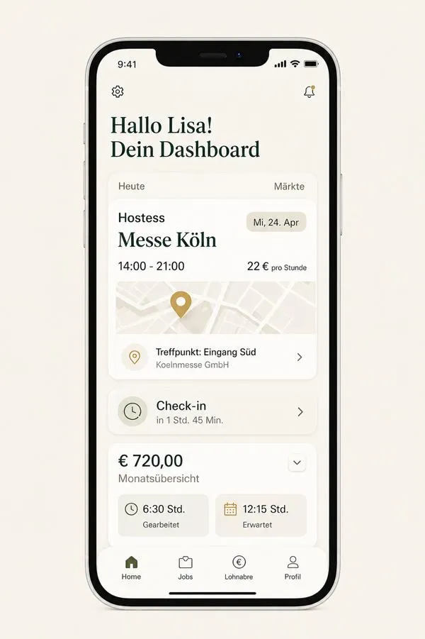 eventas App: Dashboard mit nächstem Einsatz, Check-in und Monatsübersicht