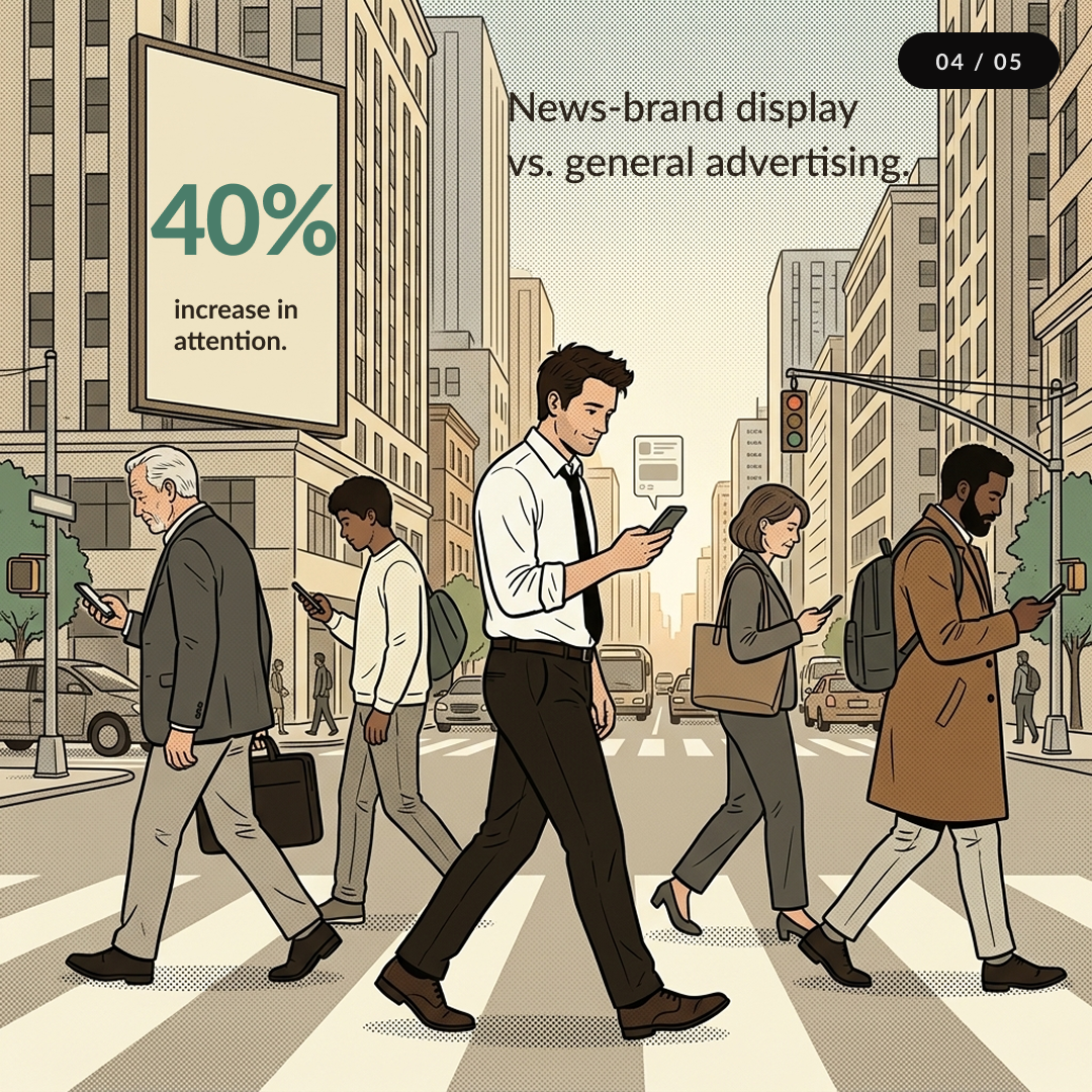 Five people walk across a city crosswalk, all looking at smartphones; billboard shows 40% increase in attention.