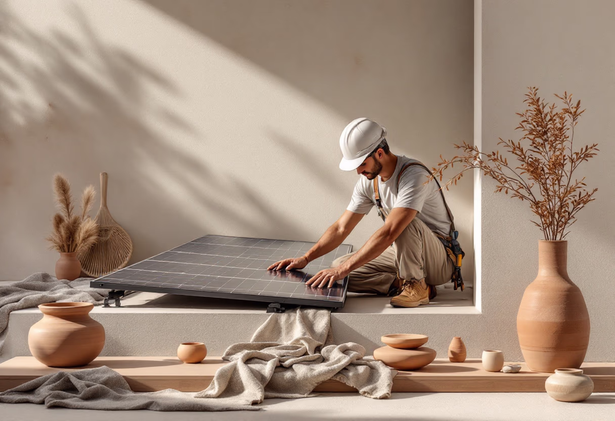 image of a technician installing solar panels