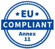 Blue circular EU Compliant badge with Annex 11 text inside.