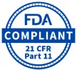 Blue FDA compliant badge with text 21 CFR Part 11 in a circle