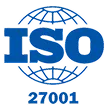 ISO 27001 certification badge with blue letters and globe outlines.
