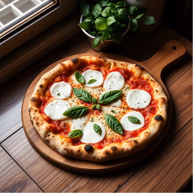 Pizza margherita cuite au four à bois, photo culinaire professionnelle