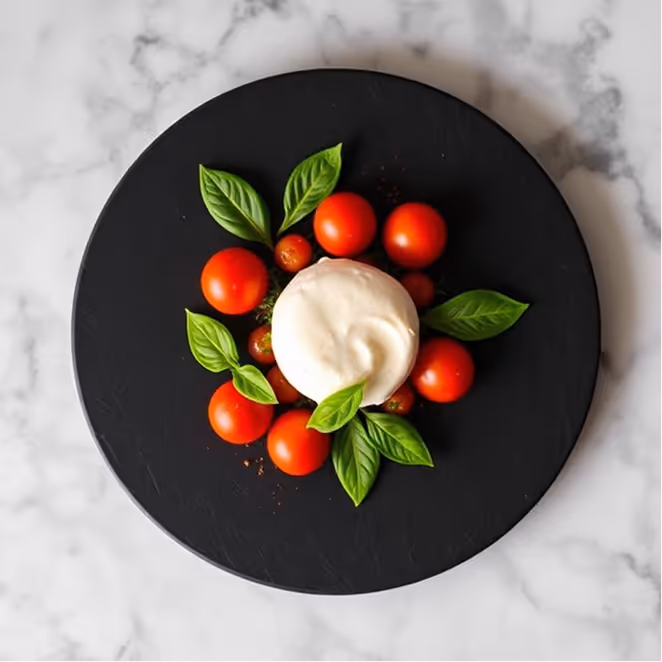 Burrata et tomates cerises sur ardoise, photo culinaire restaurant