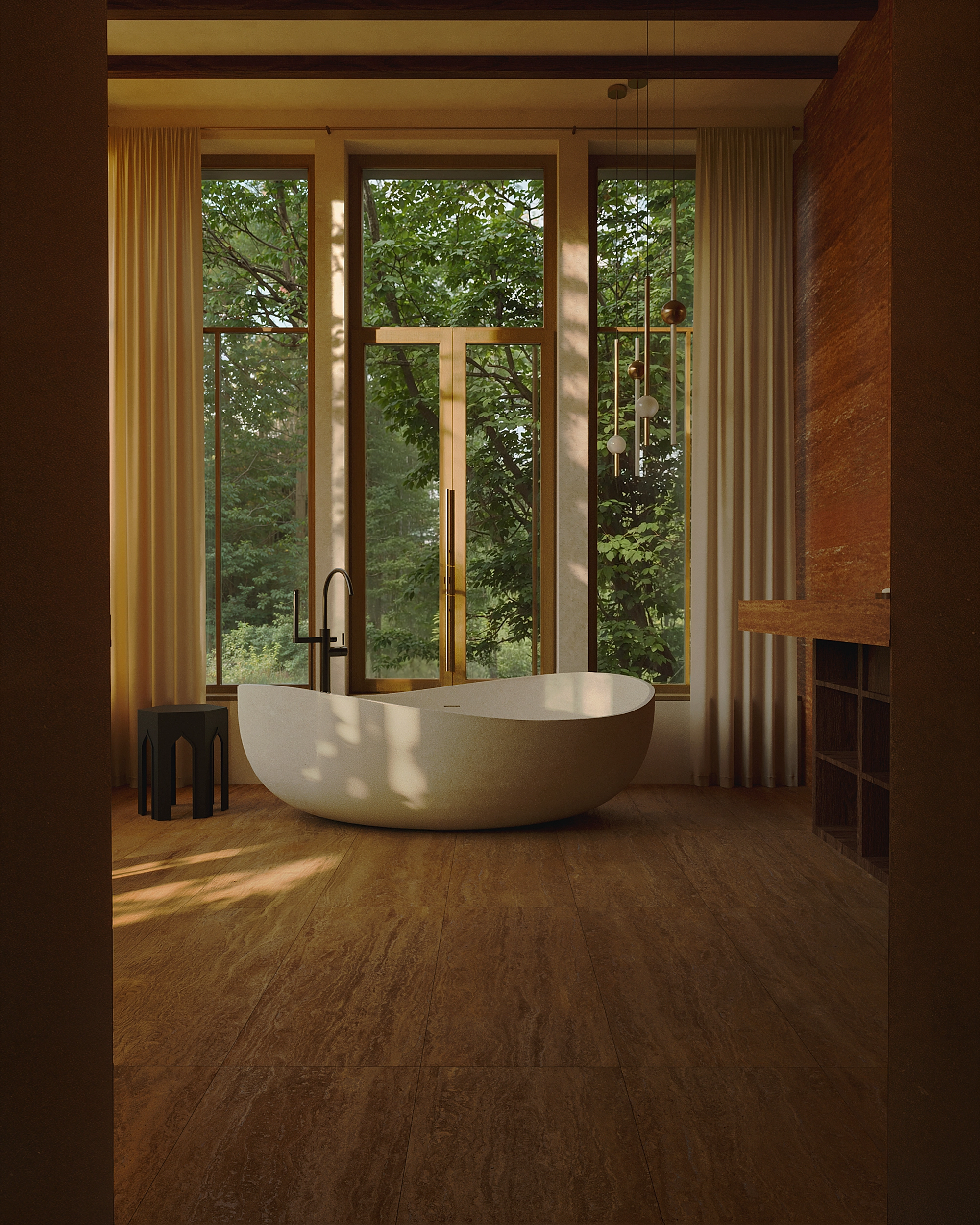 Een persoonlijke wellness als badkamer op de eerste verdieping, bekleed met natuurlijke materialen zoals rood travertijn, hout en terracotta kalkpleister, met uitzicht op de kruinen en het omringende landschap in Oosterzele, Wolf Vandekerckhove Architect