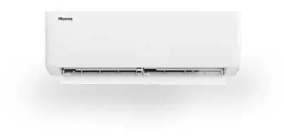 Aire acondicionado de pared Hisense blanco con rejilla de ventilación y pantalla digital que muestra 25 grados.