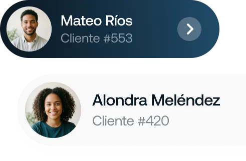 Tarjetas de clientes con fotos, nombres y números; Mateo Ríos Cliente número 553 y Alondra Meléndez Cliente número 420.