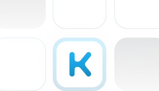 Ícono de la aplicación con la letra K en azul sobre fondo blanco con borde azul.