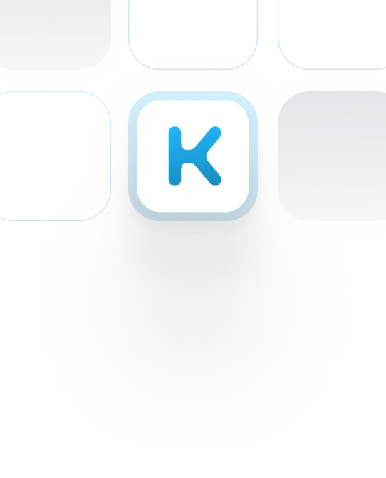 Ícono de la aplicación con la letra K en azul sobre fondo blanco con borde azul.