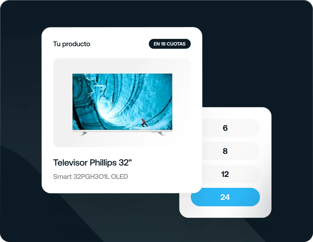 Interfaz de compra de un televisor Phillips 32 pulgadas con opción de pago en 18 cuotas y botón para comprar con Kiwi.