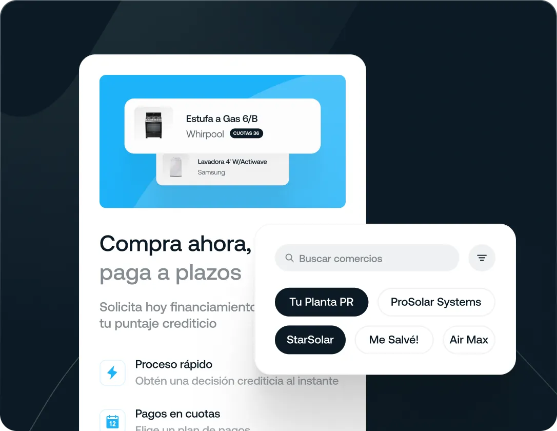 Interfaz de compra con opciones de financiamiento para estufa a gas y lavadora, muestra búsqueda de comercios y botones de selección.