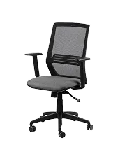 Silla de oficina ergonómica con respaldo de malla negra, asiento gris acolchonado y base con ruedas.