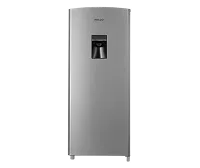 Refrigerador gris con dispensador de agua en la puerta frontal.