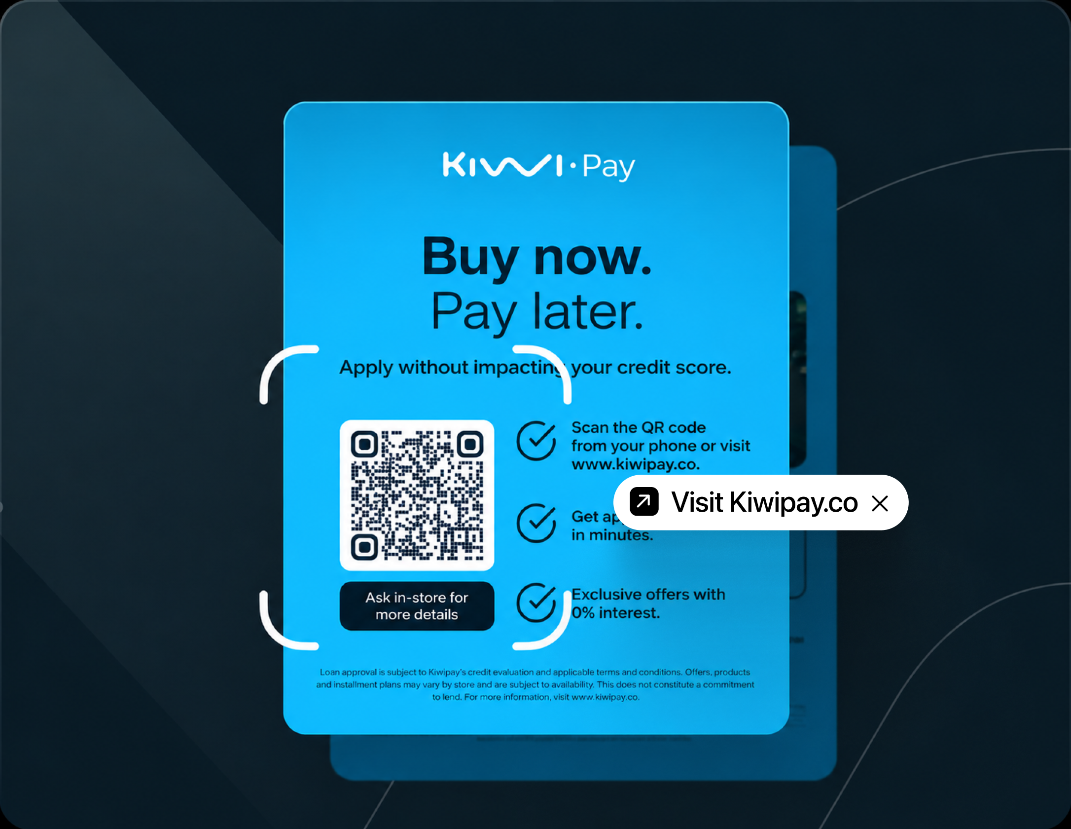 Blue Kiwi Pay card with a QR code inviting shoppers to buy now and pay over time.