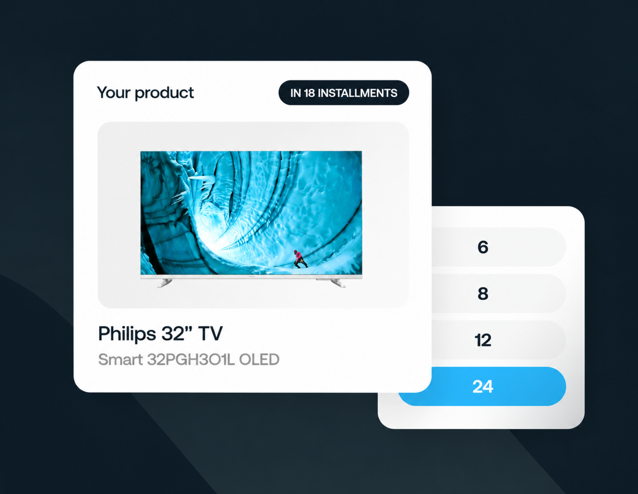 Product page for a 32-inch Philips TV with an 18-installment payment plan and a Kiwi checkout button.