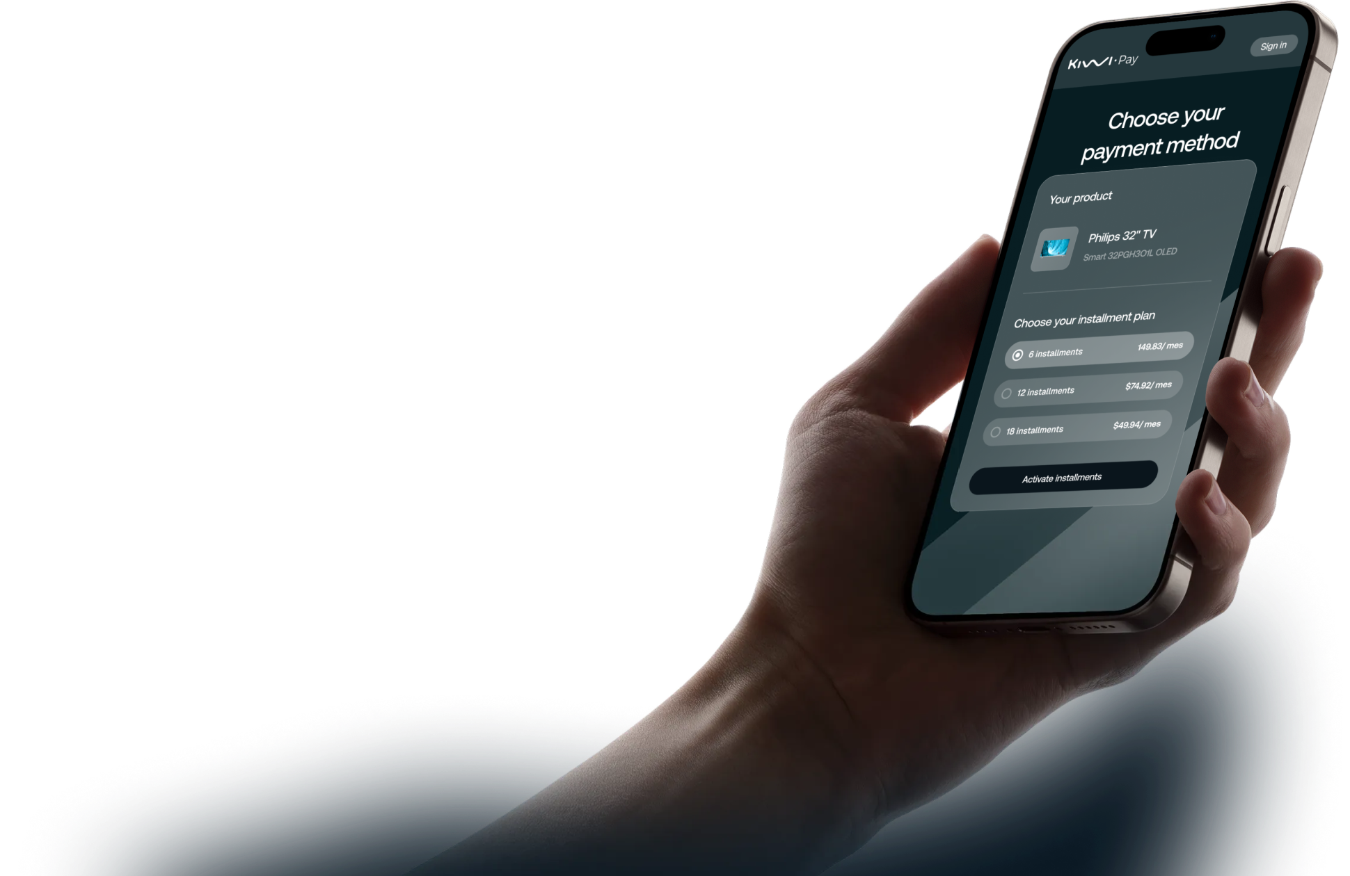 Hand holding a phone showing Kiwi Pay checkout options for a 32-inch Philips TV.