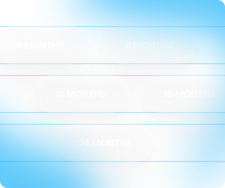 Term selector showing installment plans of 6, 8, 12, 16 and 24 months.