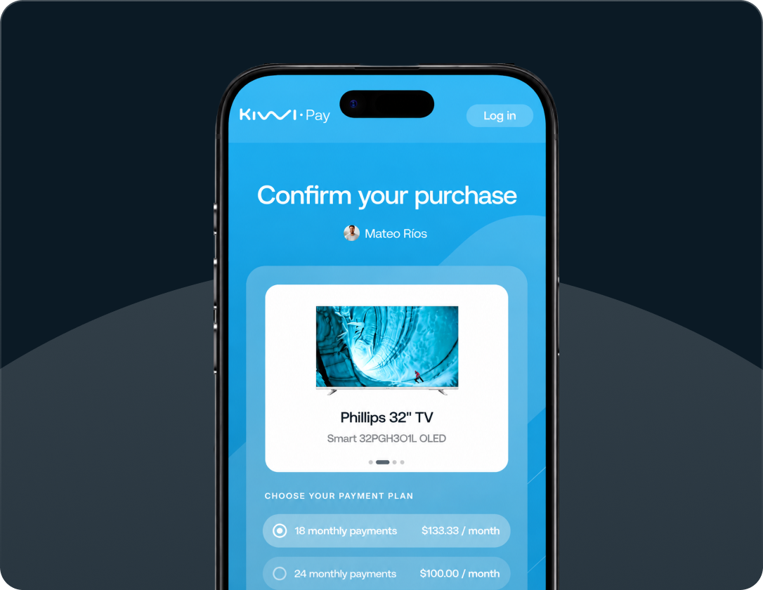 Blue Kiwi Pay card with a QR code inviting shoppers to buy now and pay over time.