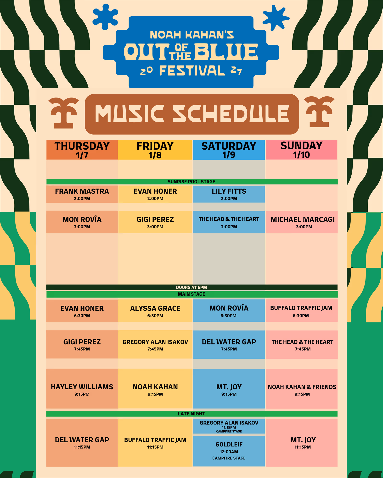 Out of the Blue 2027 music schedule overview, January 7 to 10