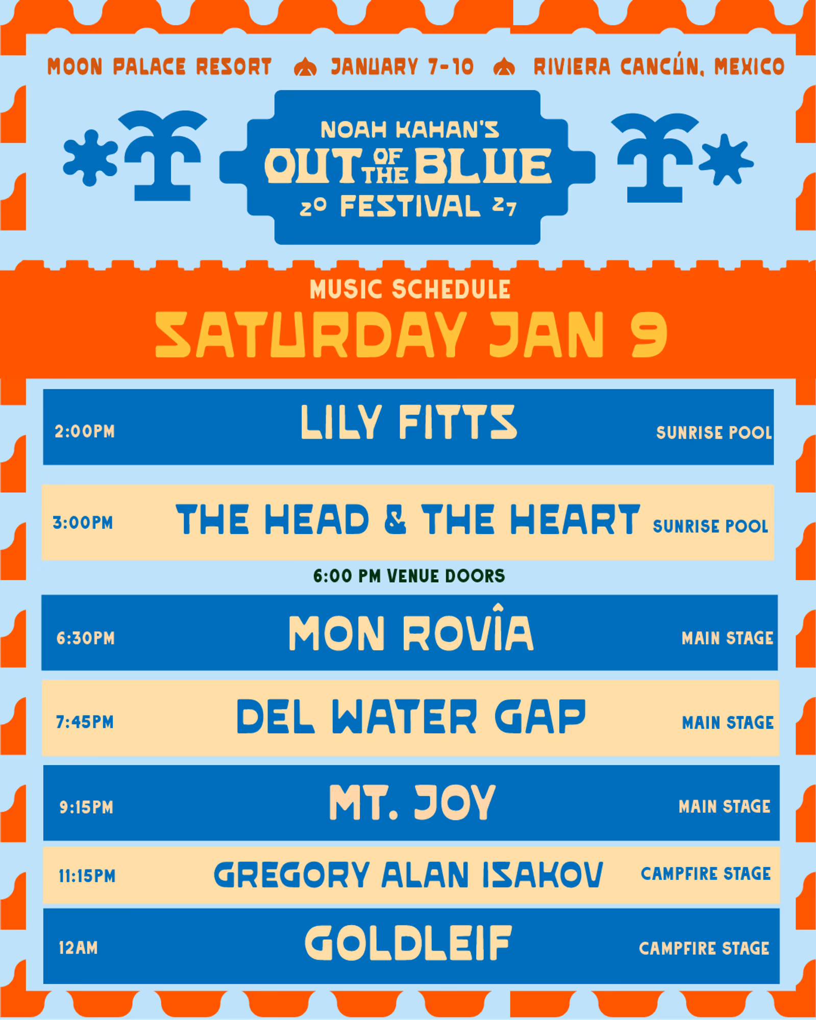 Out of the Blue 2027 music schedule for Saturday, January 9