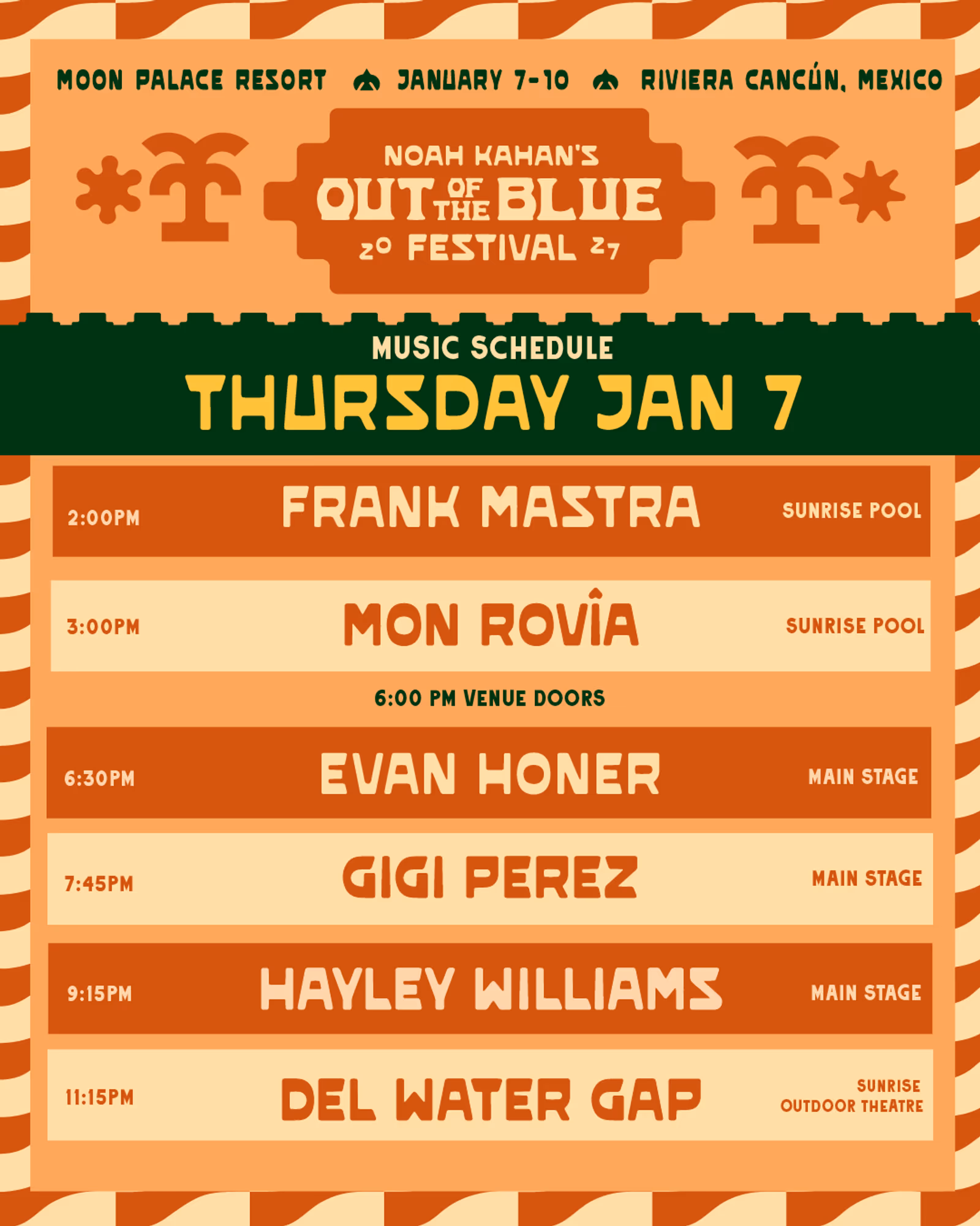 Out of the Blue 2027 music schedule for Thursday, January 7