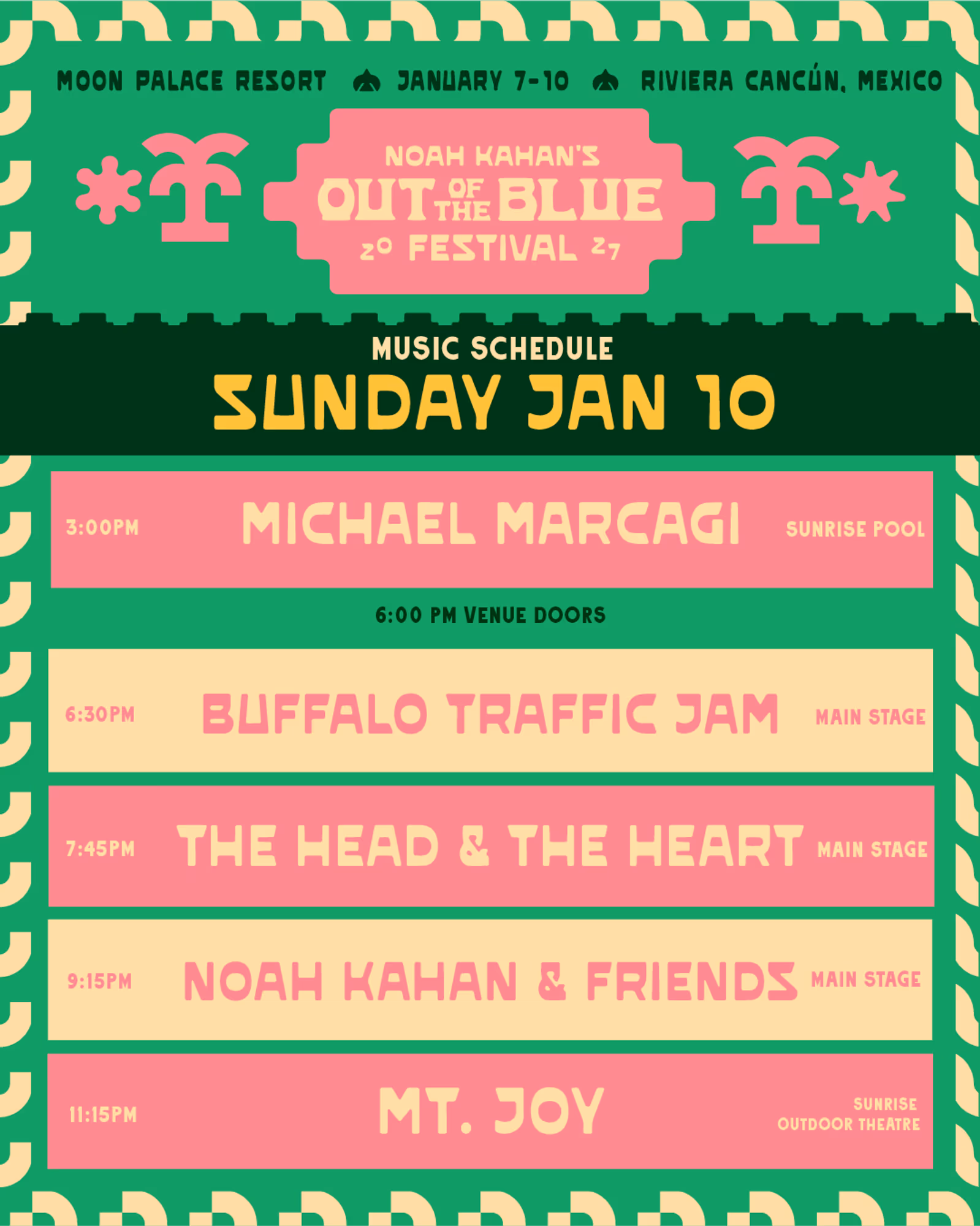 Out of the Blue 2027 music schedule for Sunday, January 10