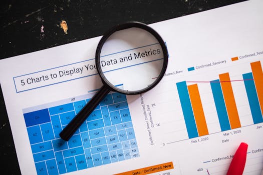 Close-up of business charts with magnifying glass highlighting data insights.