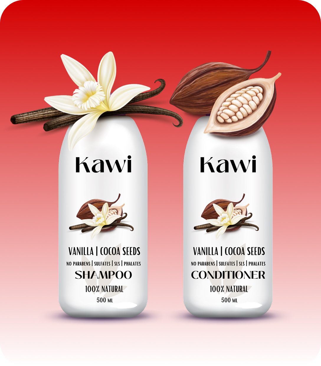 Two bottles of Kawi vanilla and cocoa seeds shampoo and conditioner, 100% natural, 500 ml each.