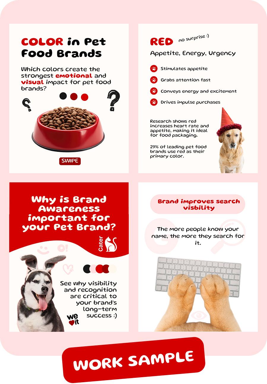 Infographic on color impact in pet food brands with dogs and key branding tips in red and black.