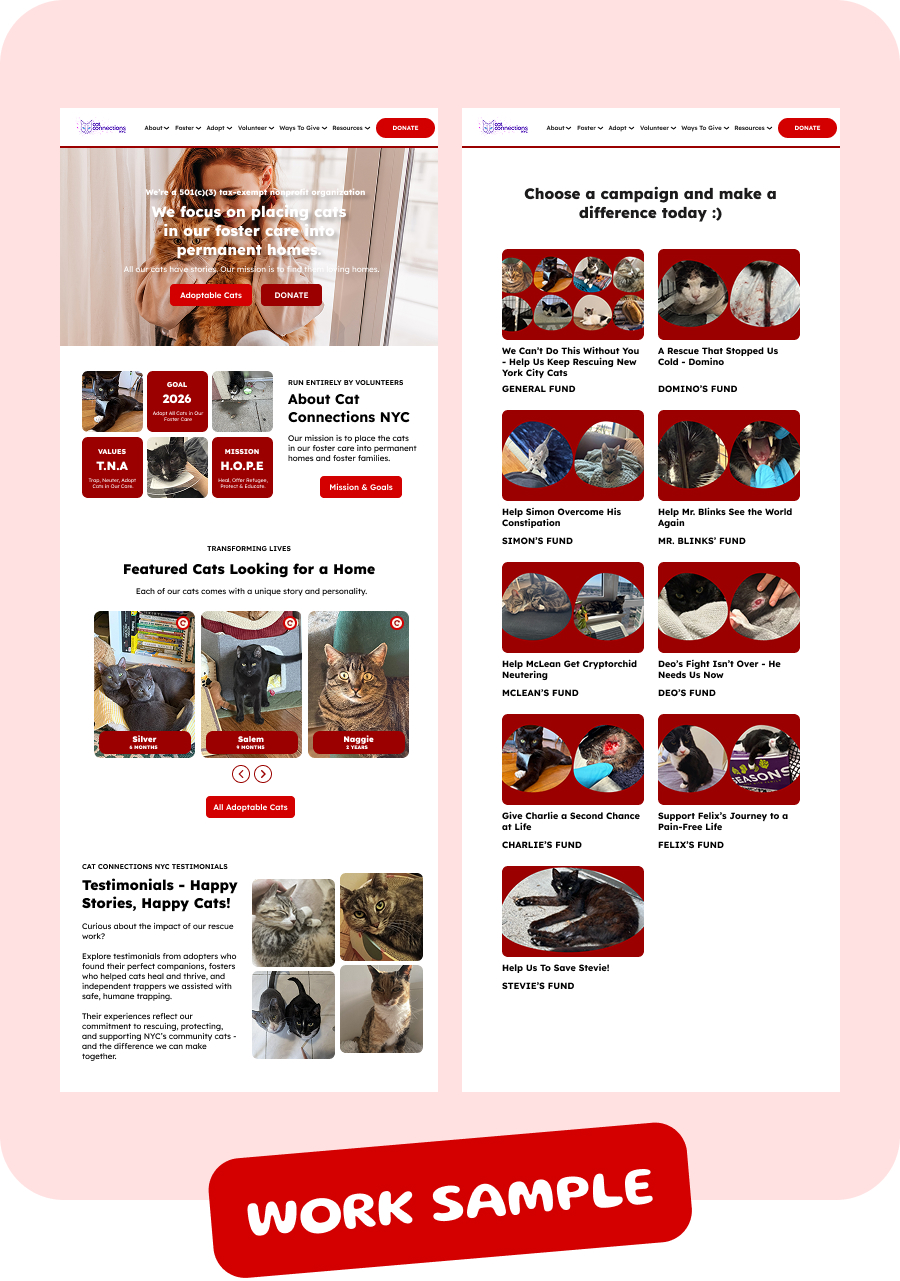 Website homepage showing cat rescue info, adoptable cats, donations, and campaign options with cat photos.