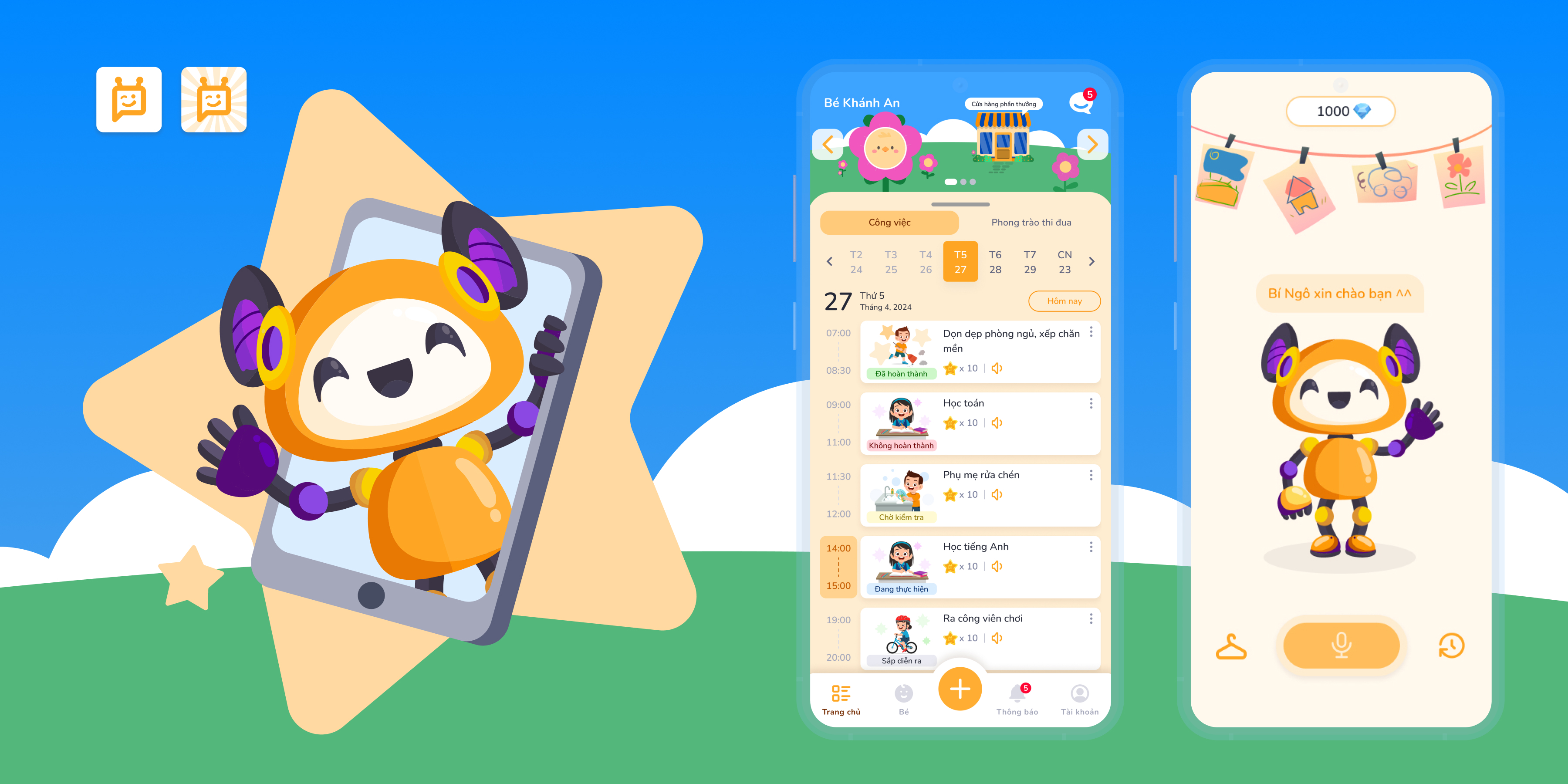 Illustration of a cheerful orange robot character next to a mobile app interface showing a child's daily activity schedule and a chatbot screen with the robot welcoming the user.