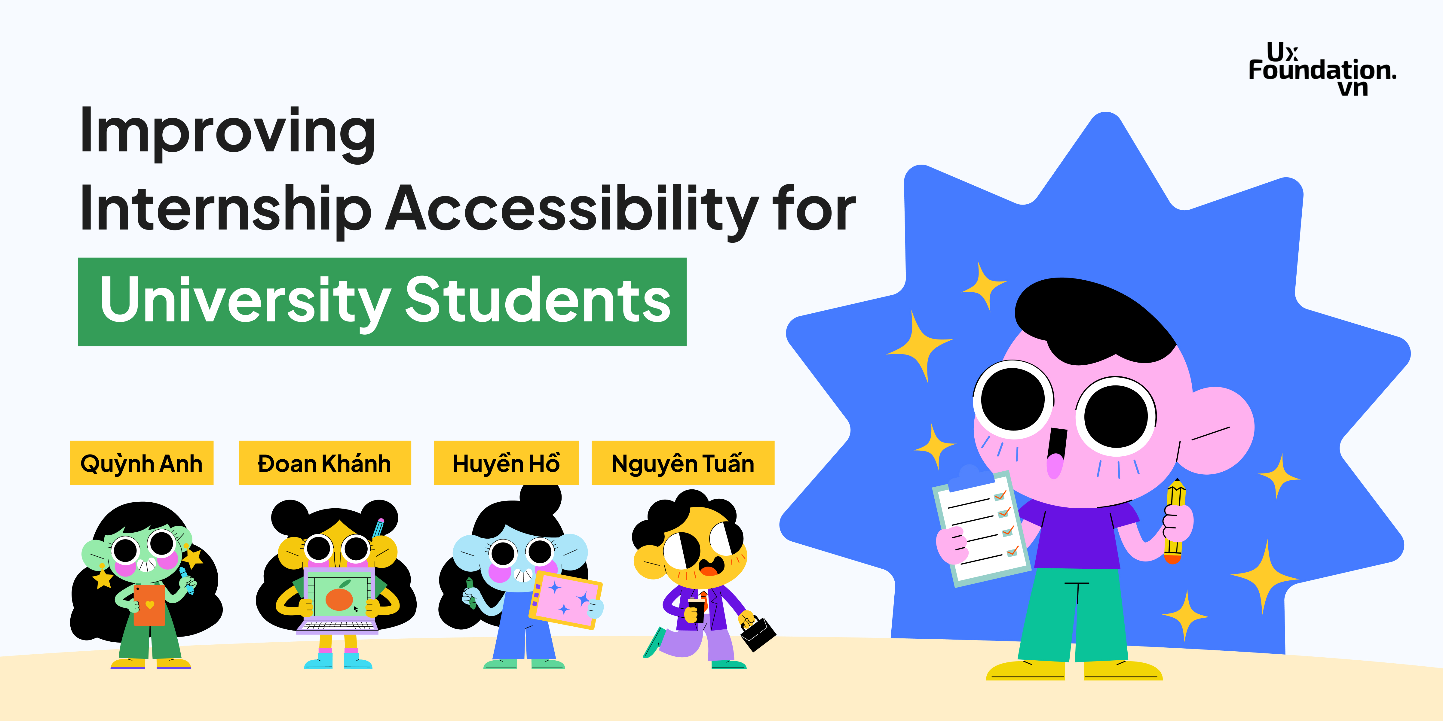 Illustration of five cartoon characters with names, promoting solutions to help students increase internship opportunities.
