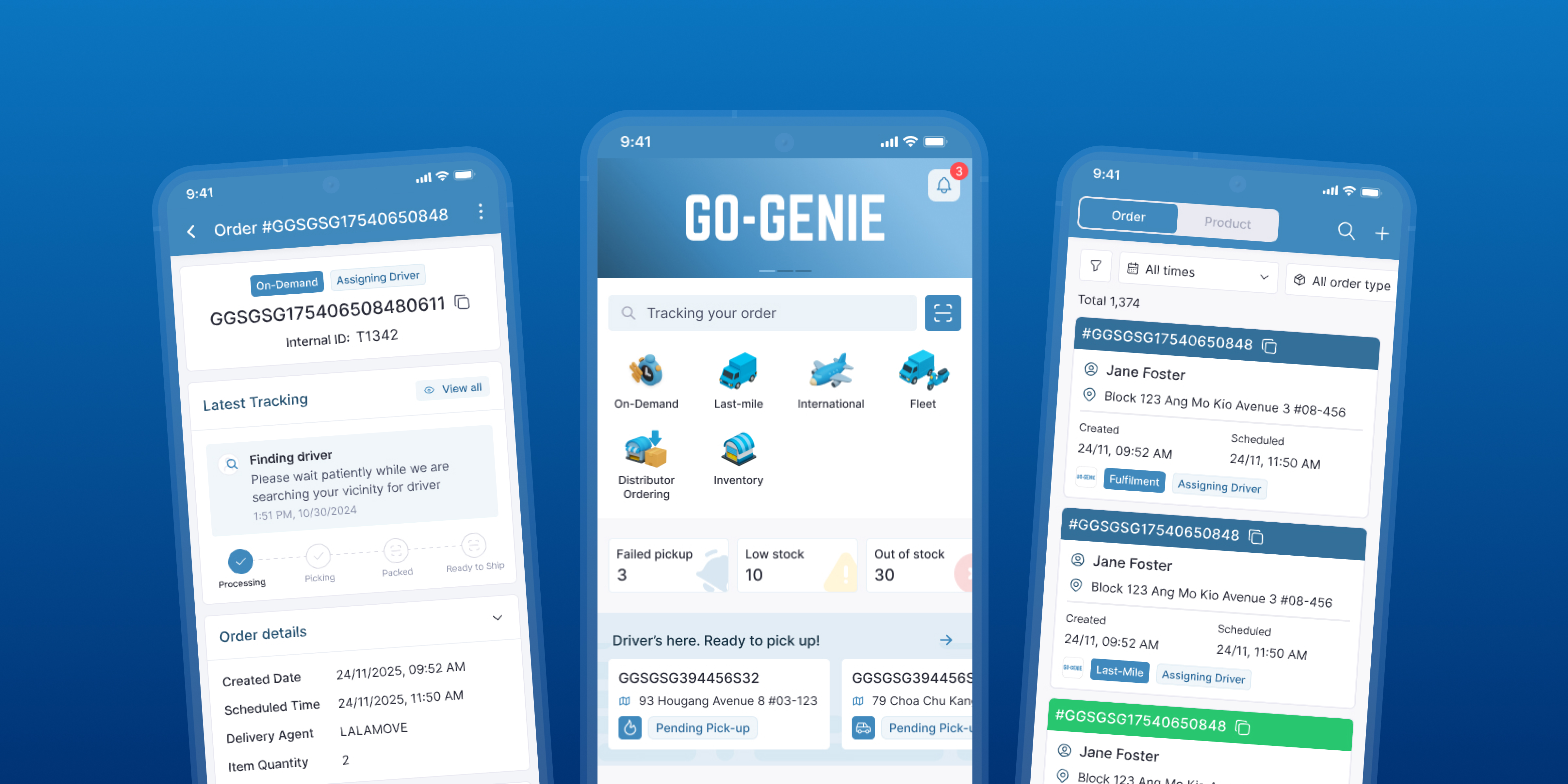 Three smartphone screens displaying the GO-GENIE delivery app interface with order tracking, driver assignment, and product management features.