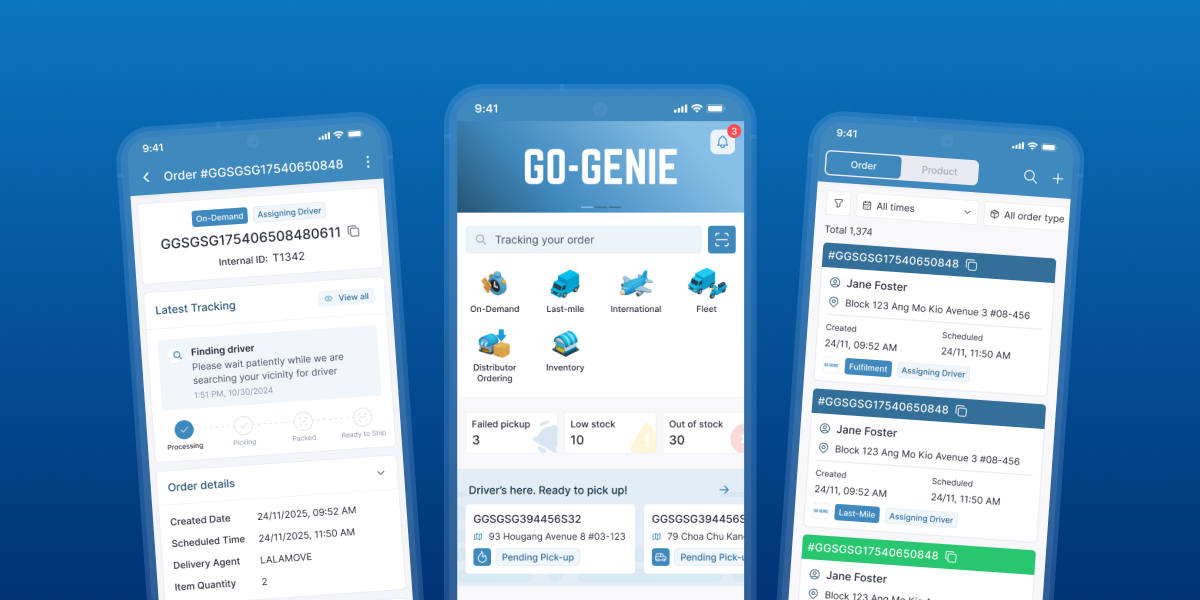 Three smartphone screens displaying the GO-GENIE delivery app interface with order tracking, driver assignment, and product management features.
